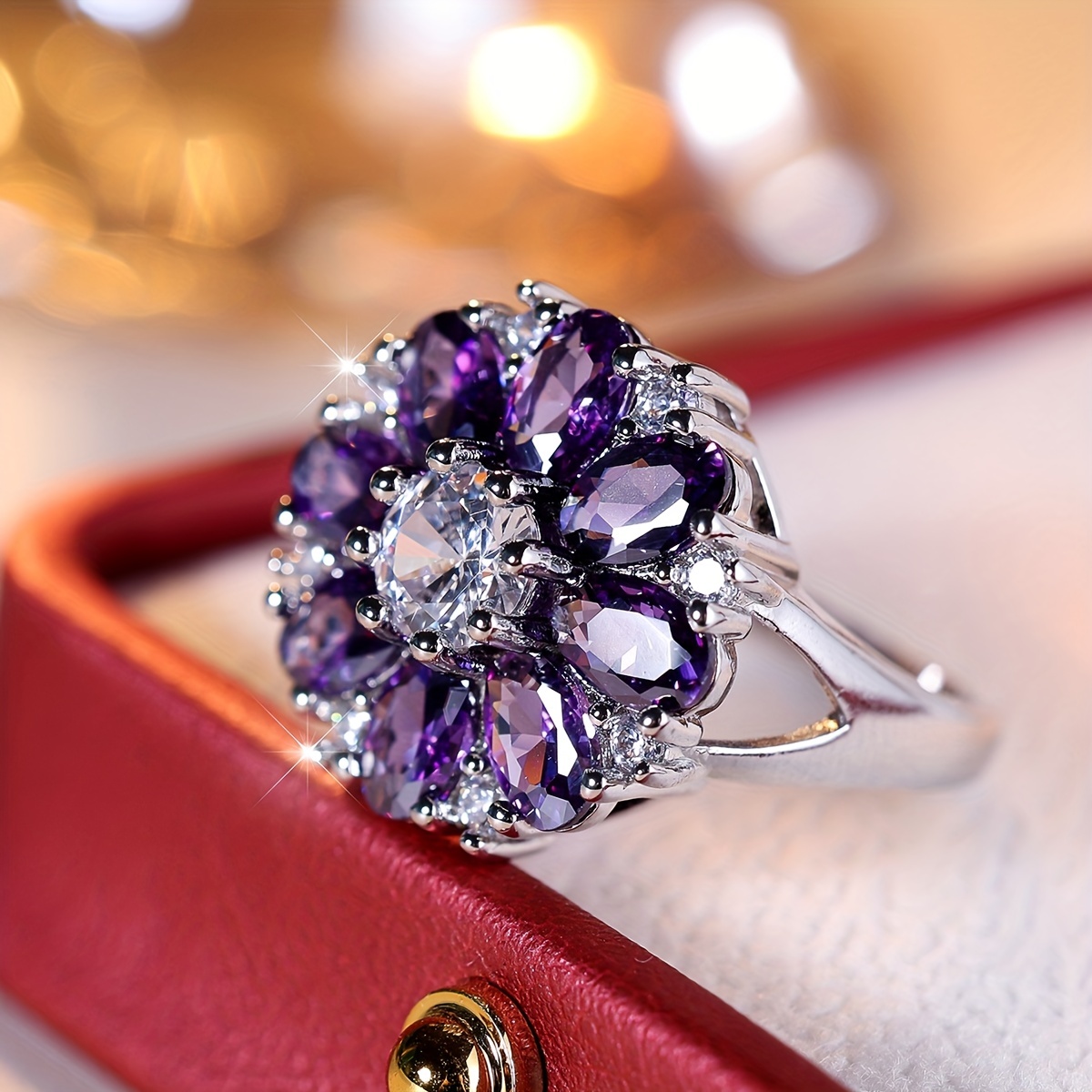 Promise Ring Dainty Flower Purple Zirconia Wedding Ring